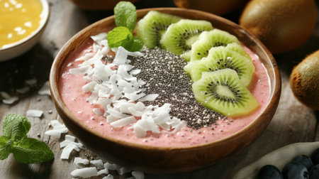 A tropical smoothie bowl made with blended fruits, topped with coconut flakes, chia seeds, and sliced kiwi.の素材