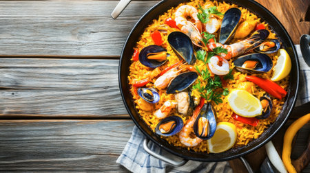 A vibrant paella packed with seafood, chicken, and colorful vegetables, served in a traditional pan on a rustic table.の素材