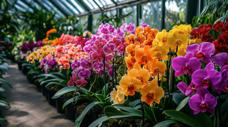 A vibrant display of colorful orchids in a lush greenhouse, showcasing different species in full bloom.の素材