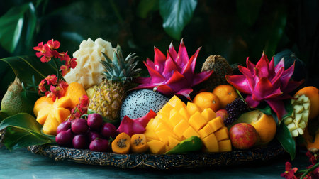 A vibrant fruit platter with Thai starfruits, dragon fruits, and mangoes, arranged in a tropical setting.の素材