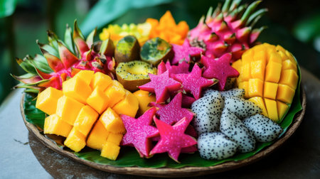 A vibrant fruit platter with Thai starfruits, dragon fruits, and mangoes, arranged in a tropical setting.の素材