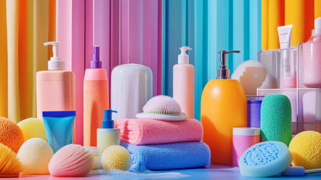 A vibrant collection of bathroom supplies like colorful bath sponges, body lotions, and face masks, creating a self-care scene.の素材