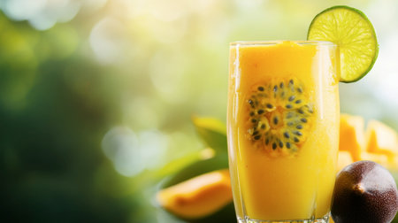 A vibrant mango and passion fruit smoothie with a slice of lime on the rim, set against a bright summer background.の素材
