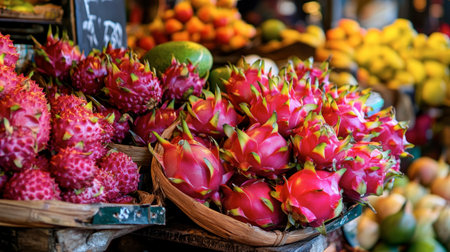 A vibrant display of Thai tamarinds, dragon fruits, and mangosteens in a traditional market setting.の素材