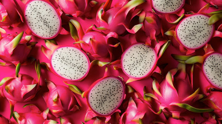 A vibrant display of freshly cut Thai dragon fruit with its striking white flesh dotted with tiny black seeds.の素材