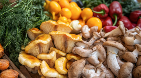 A vibrant farmers' market display featuring sweet honey mushrooms alongside seasonal vegetables and herbs.の素材