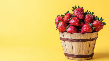 A wooden basket filled with strawberries on a yellow background, with the natural textures contrasting beautifully.の素材