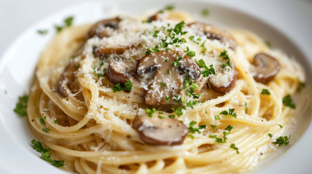 An elegant plate of pasta topped with creamy sauce and sweet honey mushrooms, garnished with fresh parsley and grated cheese.の素材