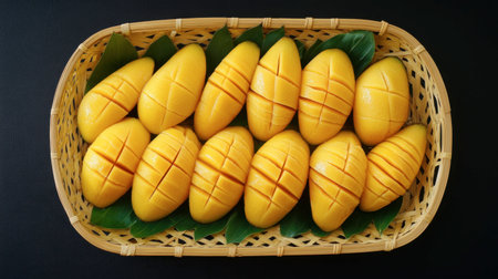 A vibrant display of freshly cut Thai mangoes, known for their sweet, juicy taste, arranged on a bamboo tray.の素材
