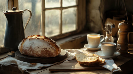 A warm breakfast scene with a flat white and a loaf of bread ready for slicing.の素材