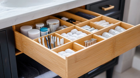 A bathroom drawer pulled open, revealing a neatly organized tray of bathroom supplies like razors, cotton balls, and toothpaste.の素材