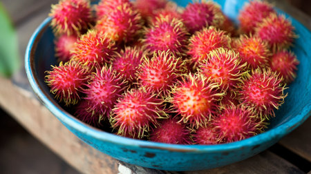 A bowl of vibrant red Thai rambutans, their spiky exterior making them stand out as a tropical delicacy.の素材