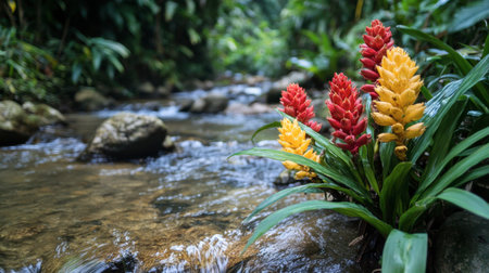 Yellow and red ginger flowers growing beside a clear stream in a tropical forest.の素材