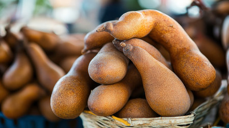 A close-up of ripe, juicy Thai tamarinds, showcasing their unique sweet and sour flavor.の素材