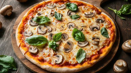 A homemade pizza topped with sweet honey mushrooms, melted cheese, and fresh basil, freshly baked and ready to be sliced.の素材