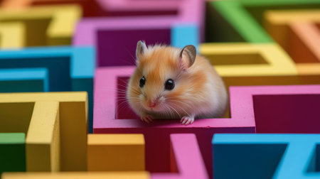 A hamster exploring a colorful maze, trying to find its way out with curiosity.の素材