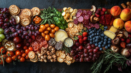 A colorful charcuterie board featuring sweet honey mushrooms, cheese, crackers, and seasonal fruits, perfect for entertaining.の素材
