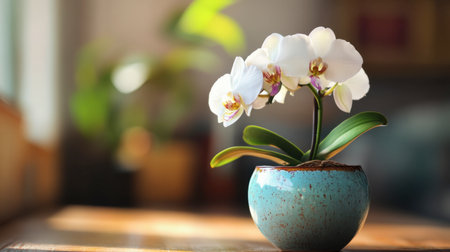 A hand-painted ceramic pot displaying a blooming orchid, highlighting artistic craftsmanship.の素材
