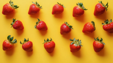 A creative arrangement of strawberries on a bright yellow background, ready for a summer dessert.の素材