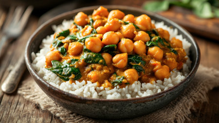 A delicious vegan curry with chickpeas and spinach, served over fluffy rice in a rustic bowl.の素材