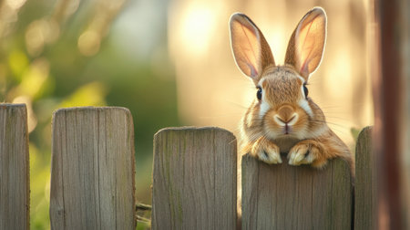 A curious rabbit peeking out from behind a wooden fence, its ears perked up and nose twitching.の素材