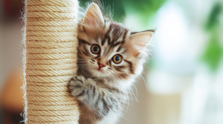 A fluffy kitten climbing up a scratching post, looking determined and adventurous.の素材