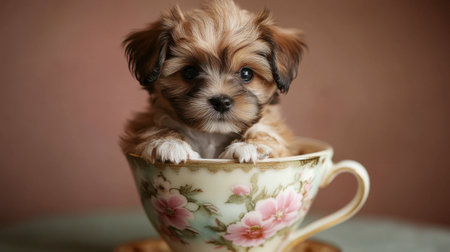 A fluffy puppy sitting in a large teacup, looking tiny and adorable.の素材