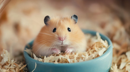 A fluffy hamster sitting in a bowl filled with fresh bedding, ready to take a nap.の素材
