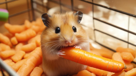 A hamster nibbling on a carrot, sitting in the corner of its cage with contentment.の素材