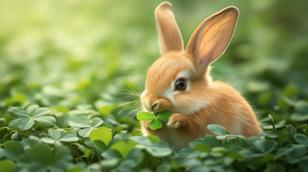 A rabbit with big floppy ears sitting in a patch of clover, munching on a green leaf.の素材