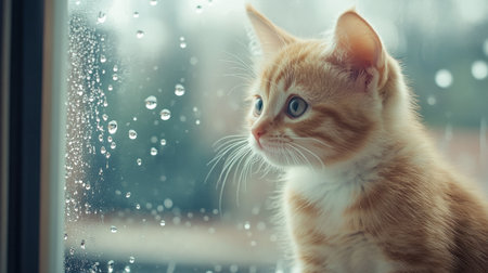 A kitten sitting by a window, watching raindrops fall outside with a calm, curious expression.の素材