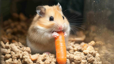 A hamster nibbling on a carrot, sitting in the corner of its cage with contentment.の素材