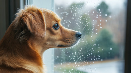 A cute dog looking out the window on a rainy day, watching raindrops fall.の素材