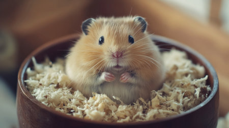 A fluffy hamster sitting in a bowl filled with fresh bedding, ready to take a nap.の素材