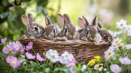 A group of baby rabbits cuddling together in a basket, surrounded by spring flowers.の素材