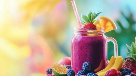 A refreshing berry smoothie in a glass jar with fresh fruits and a straw, set against a vibrant background.の素材