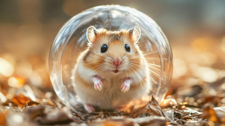 A hamster rolling around in a clear plastic ball, exploring the room freely.の素材