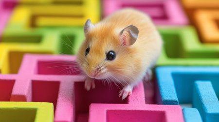 A hamster exploring a colorful maze, trying to find its way out with curiosity.の素材