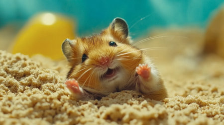 A hamster rolling around in a sandbox, cleaning its fur with adorable little movements.の素材
