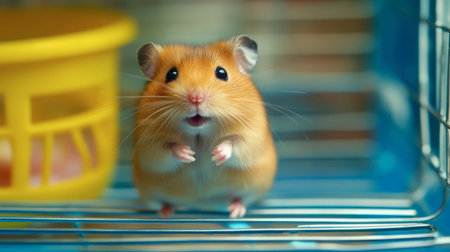 A hamster exploring its cage, climbing on tiny ladders and platforms.の素材