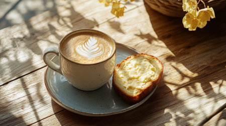 A cozy morning setup with a cup of latte and a buttered slice of brioche on a small plate.の素材