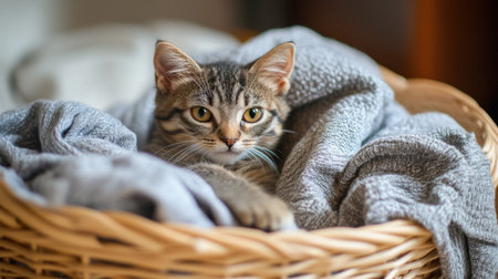 A small cat sitting in a basket of laundry, looking cozy and playful among the soft clothes.の素材