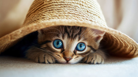 A kitten peeking out from under a large hat, looking mischievous and playful.の素材