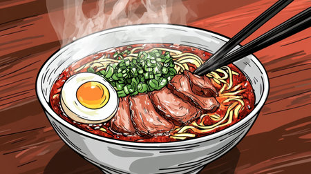 A steaming bowl of ramen topped with sliced pork, soft-boiled egg, and fresh green onions, presented with chopsticks.の素材