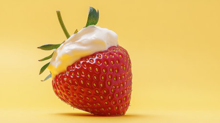 A single strawberry dipped in cream, sitting delicately on a yellow background.の素材