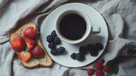 A peaceful morning moment with black coffee, sourdough toast, and a side of fresh berries.の素材