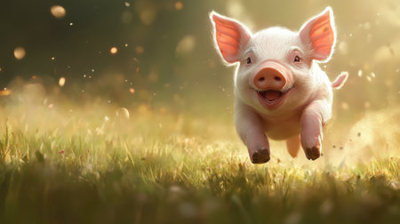 A piglet running across a field, its ears flopping and tail wagging joyfully.の素材