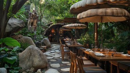 A scenic outdoor dining setup featuring sweet honey mushrooms as a highlight on the menu, surrounded by nature.の素材