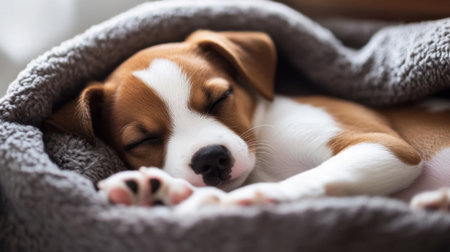 A puppy sleeping peacefully in a cozy bed, with its little paws tucked under its chin.の素材