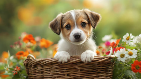 A puppy sitting in a wicker basket filled with flowers, looking curious and sweet.の素材